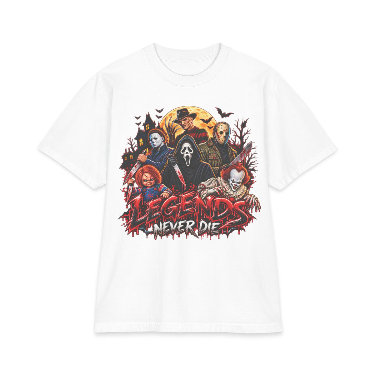 Horror Movie Icons Legends Never Die T-Shirt | Slasher Mask Collage