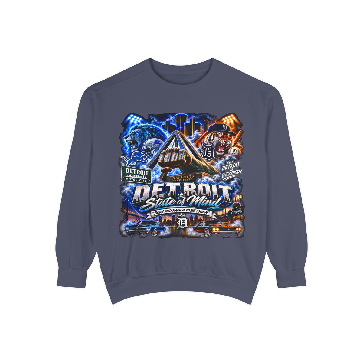 Detroit Skyline Motor City graphic Sweatshirt | Vintage cityscape, engine, blue orange