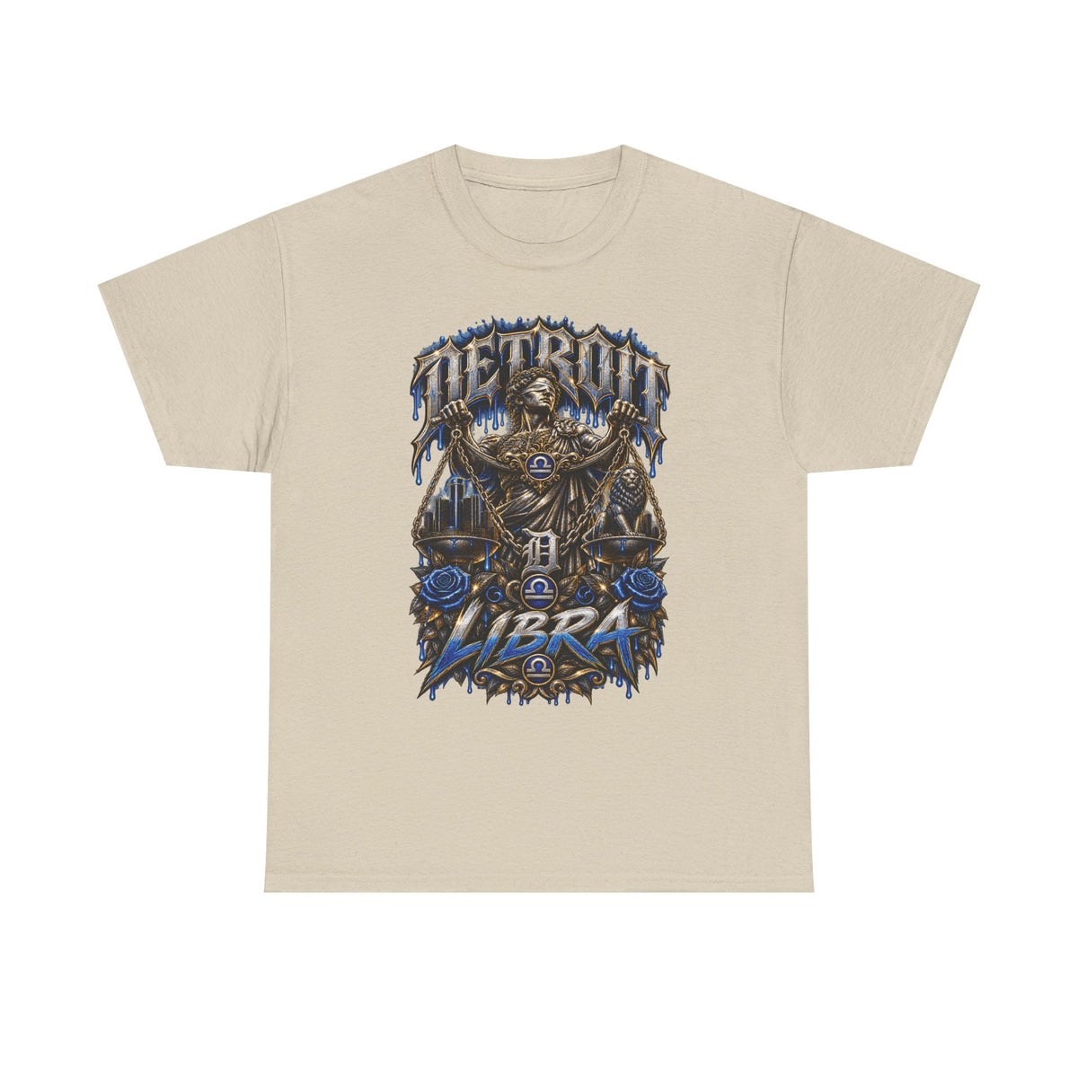 Detroit Libra T-Shirt | Skull Scales, Blue Roses, Zodiac Design