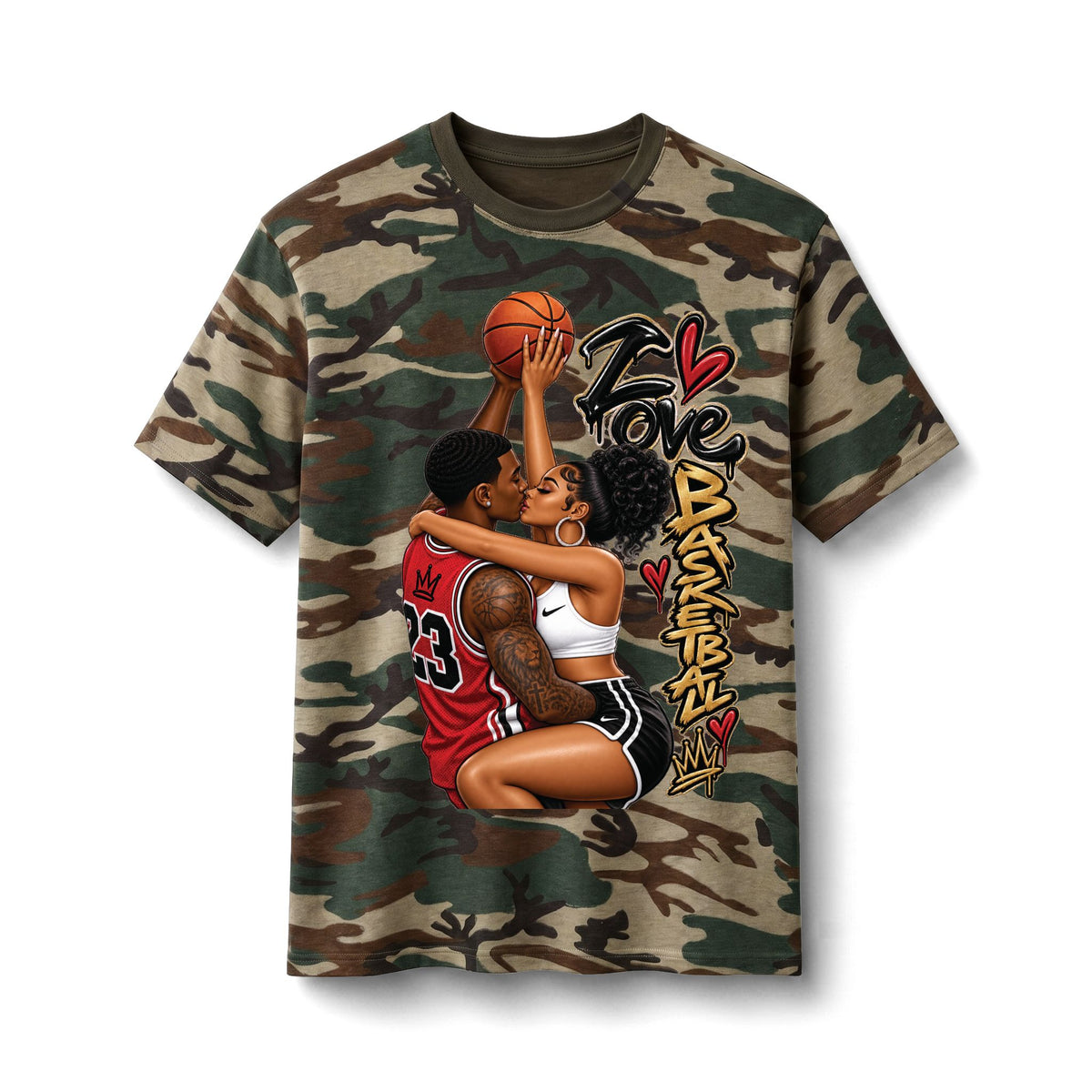 Basketball Love Couple Tee | Camo Cotton Shirt