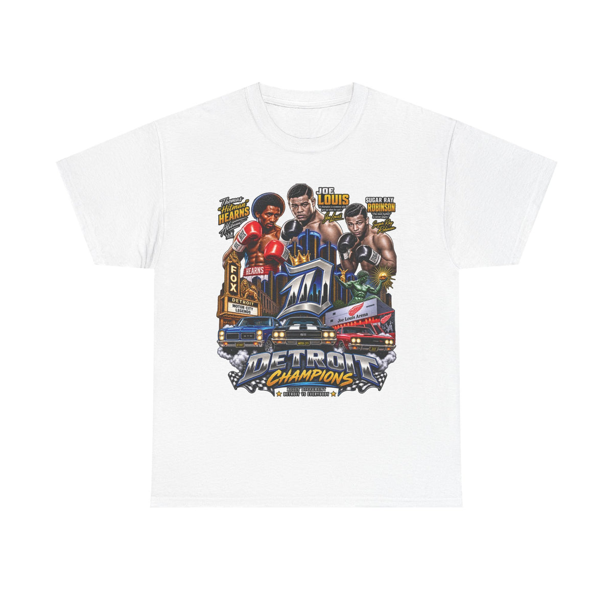 Detroit Champions T-Shirt | Motor City Boxing Legends, Classic Cars, City Skyline