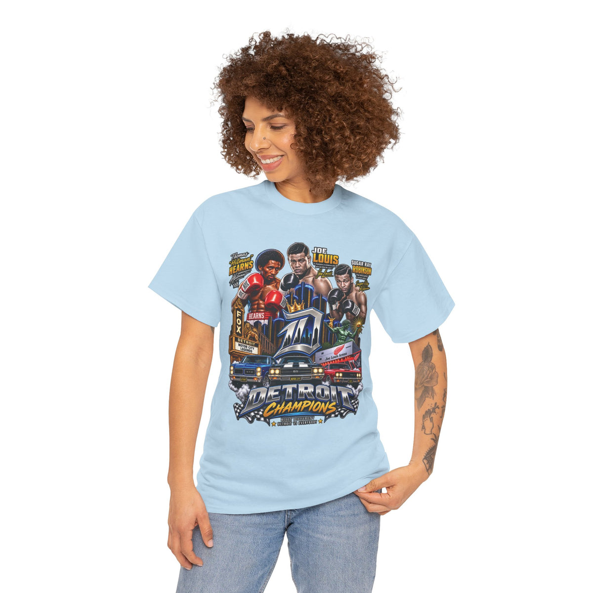 Detroit Champions T-Shirt | Motor City Boxing Legends, Classic Cars, City Skyline