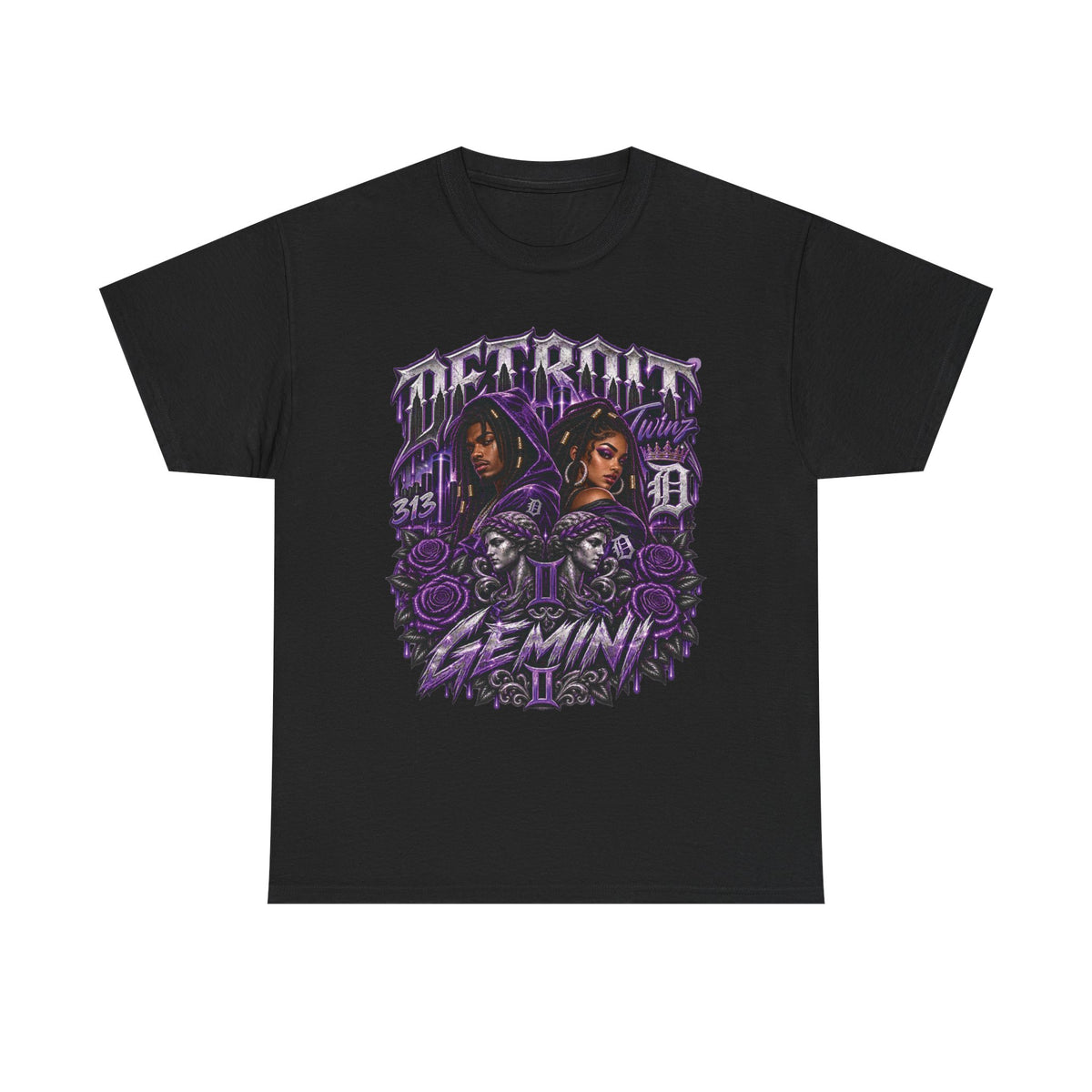 Gemini Skull Roses Graphic T-Shirt | Zodiac Twins Illustration