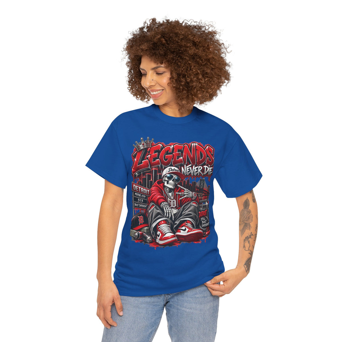 Legends Never Die skull streetwear T-shirt | Detroit city skyline, red black graphic tee