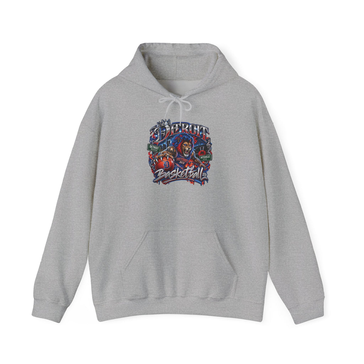 Detroit Basketball Graphic Hoodie | Vintage City Sports Logo, Front Collage Art