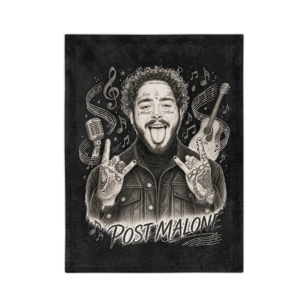 Malone Singer Portrait Blanket | Music Notes Microfiber Throw