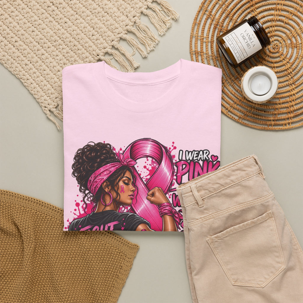 Fight with Faith breast cancer awareness T-Shirt | Rosie the Riveter pink ribbon design