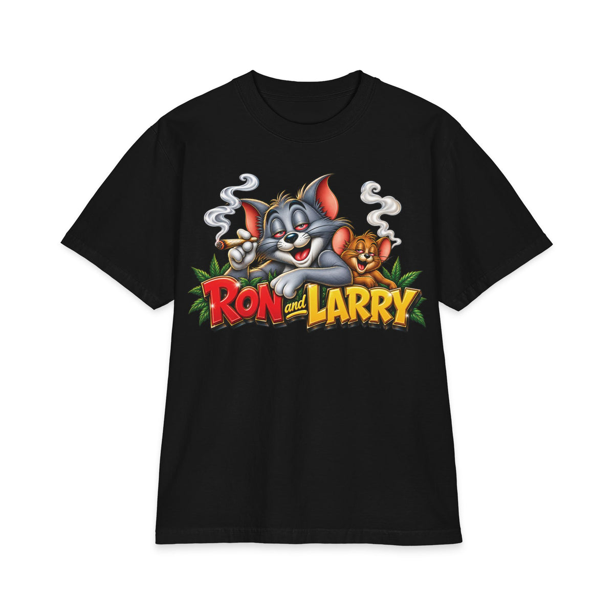 Ron and Larry Cartoon Cat and Mouse T-Shirt | Retro Smoking Graphic