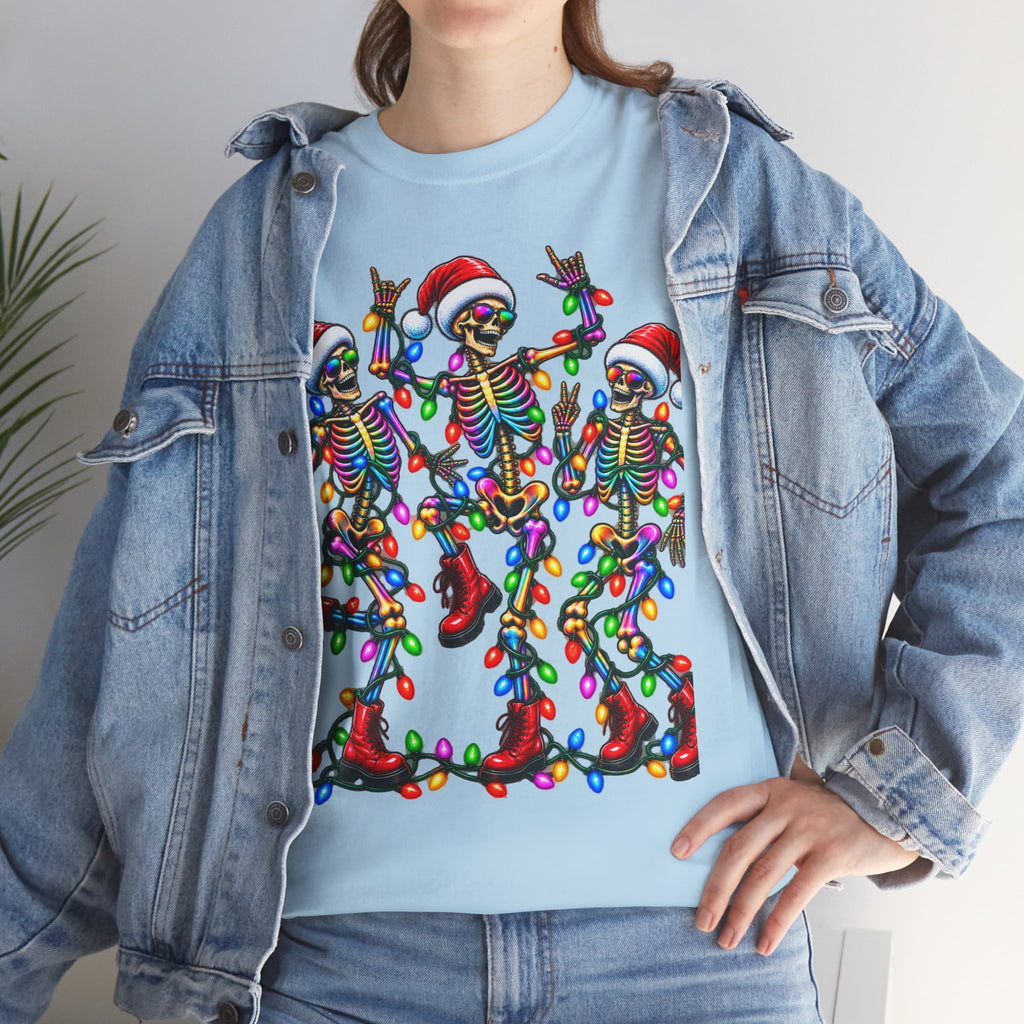 Dancing Skeletons with Christmas Lights T-Shirt | Santa Hat Holiday Tee
