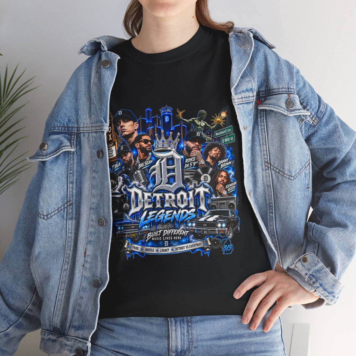Detroit Legends collage T-Shirt | Motor City skyline, classic cars, musicians