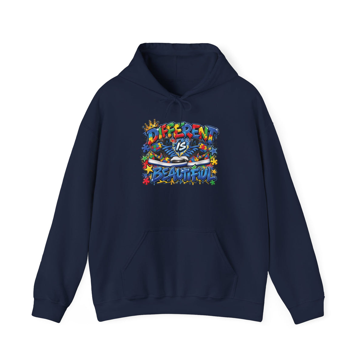Different Is Beautiful hoodie | colorful graffiti text, stars & flowers