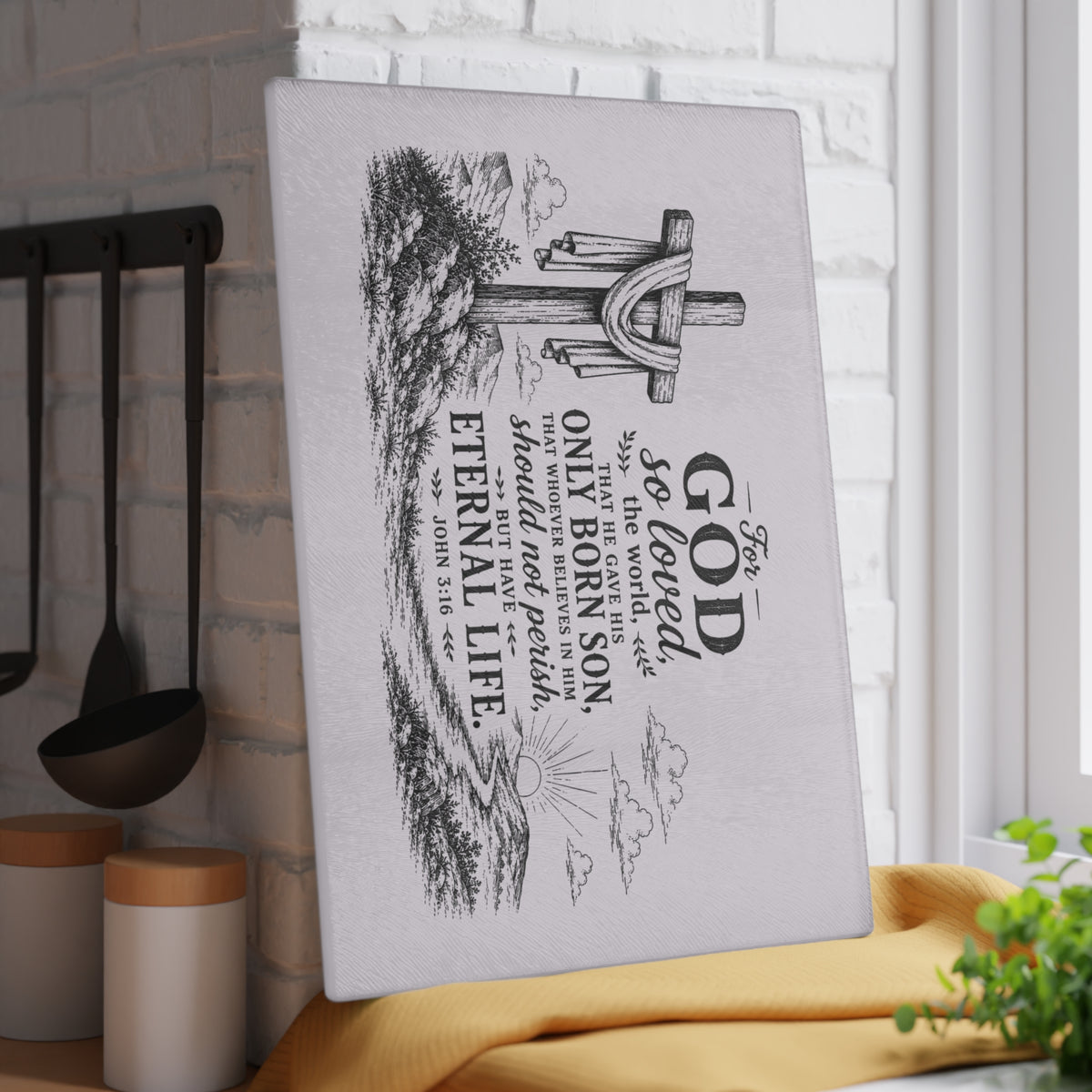 John 3:16 Scripture Cross Illustration Glass Cutting Board | Christian Kitchen Decor