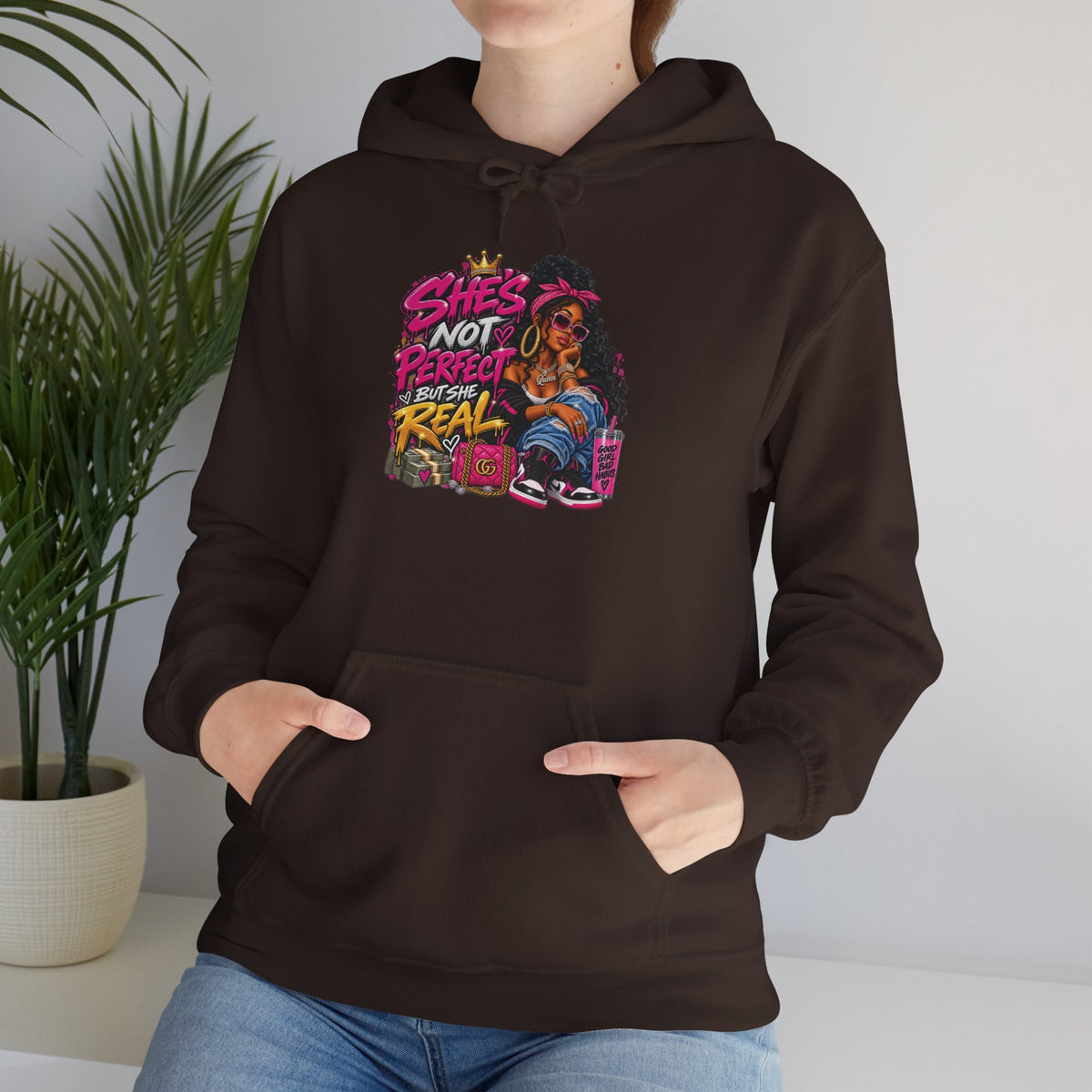 Shes Not Perfect Real AF hoodie | Retro Neon Girl Graphic Hoodie
