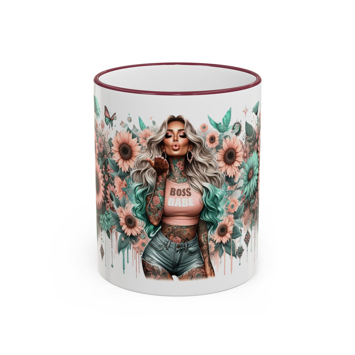Boss Babe Floral Illustration Mug | Accent Rim & Handle Ceramic Coffee Cup