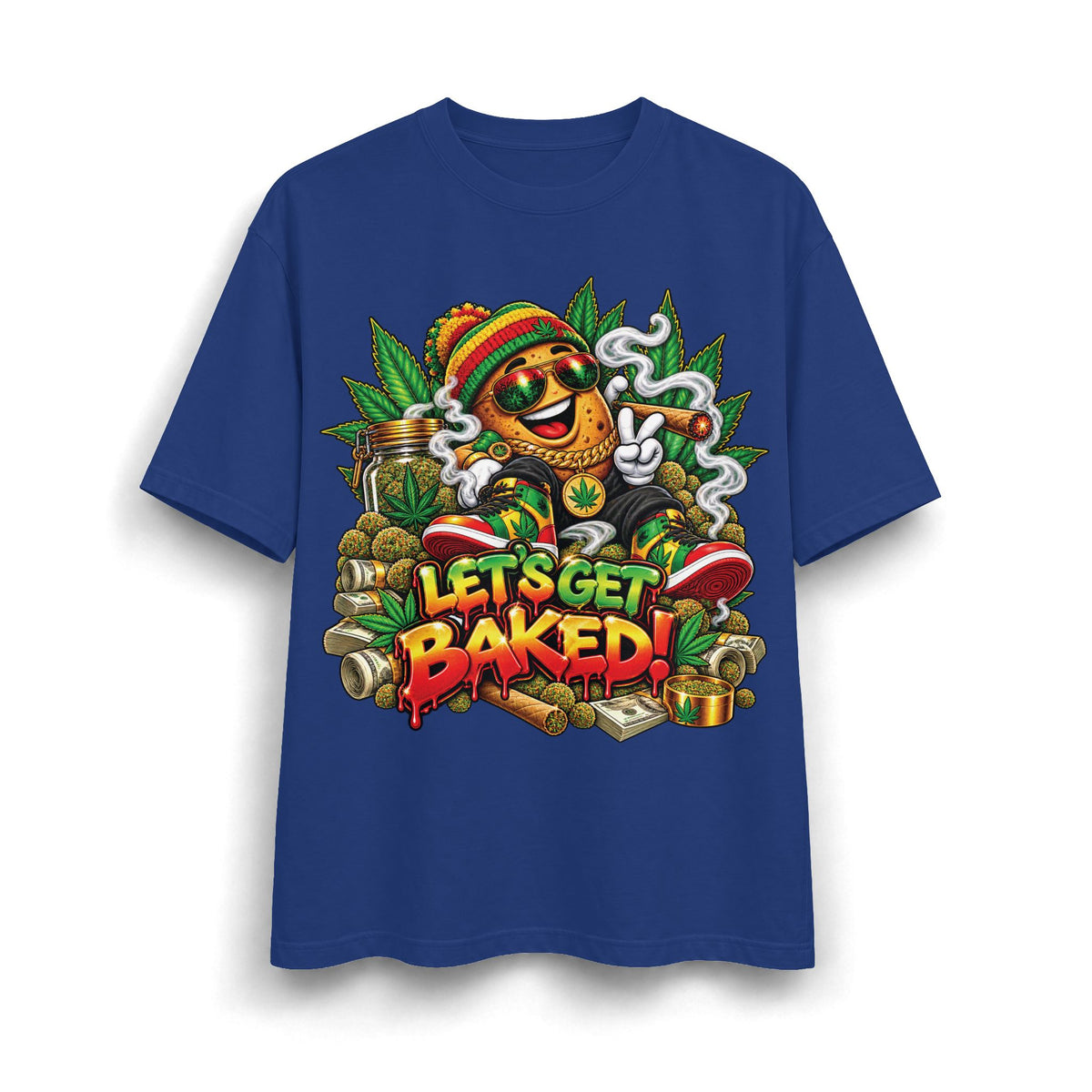Detroit 420 Let's Get Baked marijuana leaf character T-Shirt | Rasta reggae cannabis design