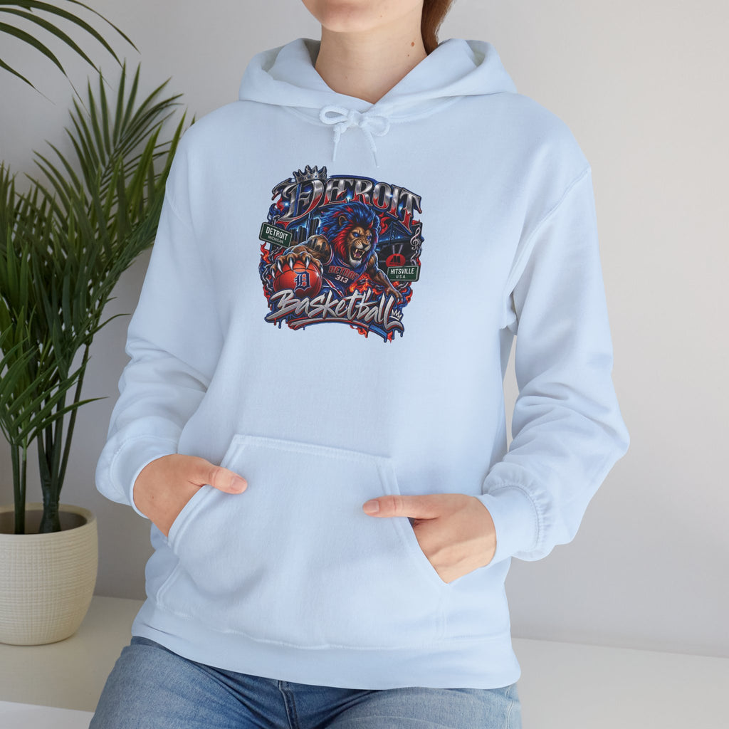 Detroit Basketball Graphic Hoodie | Vintage City Sports Logo, Front Collage Art