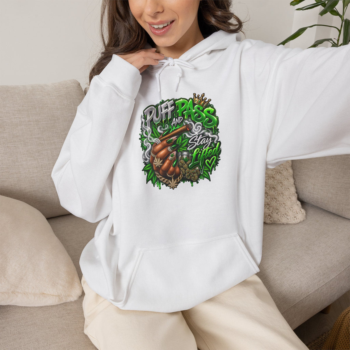 Puff Pass Stay Lifted Hoodie | Cannabis Leaf, Smoky Hand Illustration