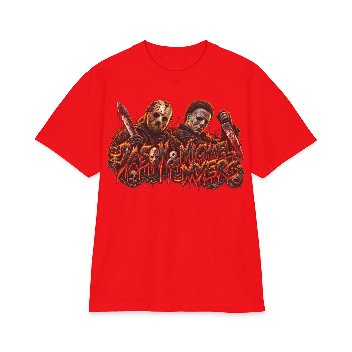 Jason and Micheal Myers Horror Slashers Graphic T-Shirt | Dual Masked Killers, Blood Drip Design
