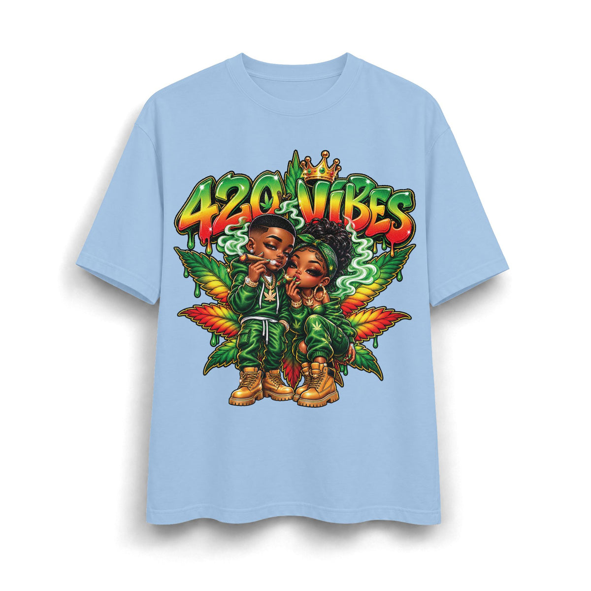 Detroit 420 Vibes Cartoon Couple T-Shirt | Cannabis Leaf Street Art Tee