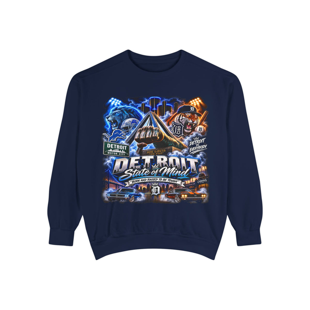 Detroit Skyline Motor City graphic Sweatshirt | Vintage cityscape, engine, blue orange