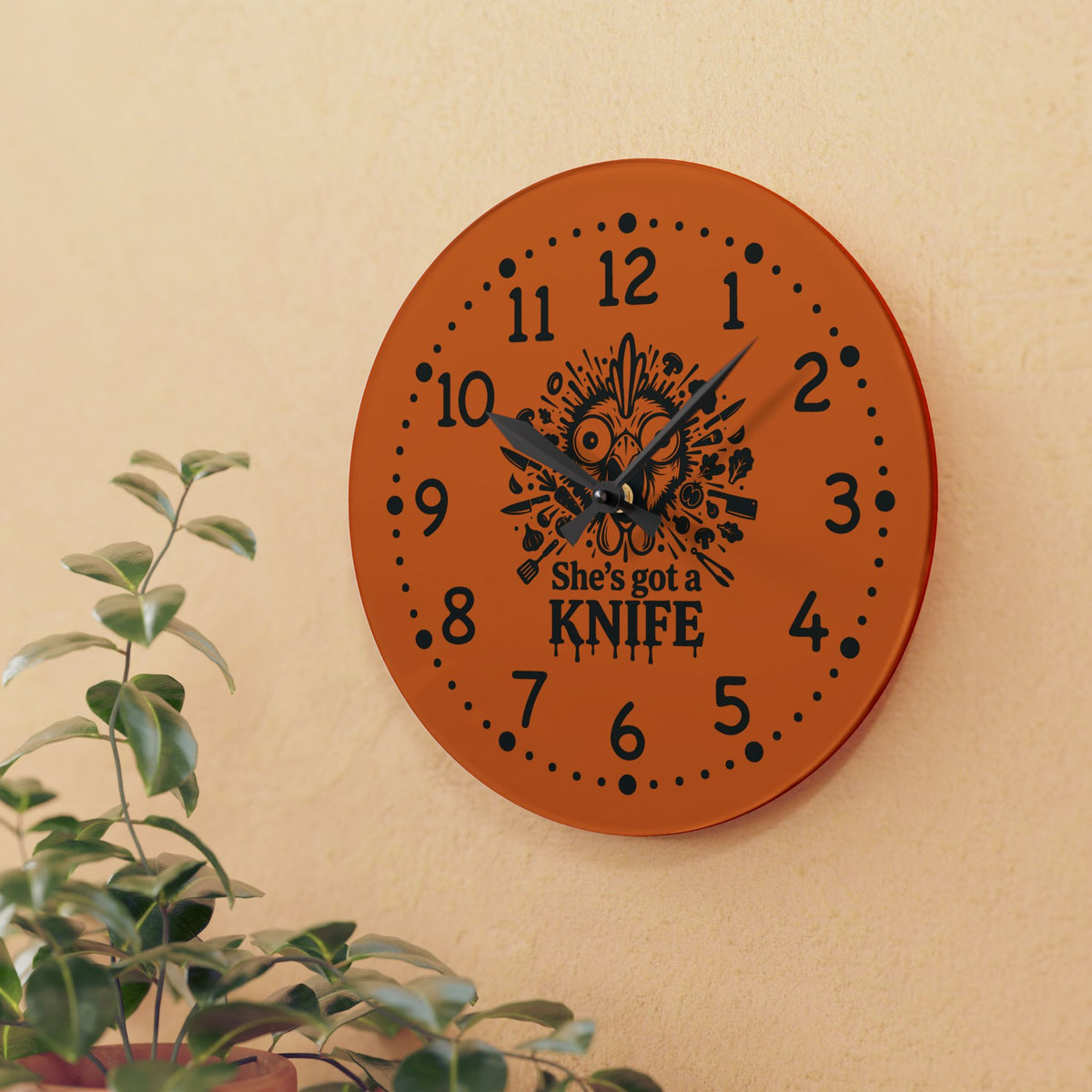 She got a knife acrylic wall clock | Halloween horror decor, orange skull design