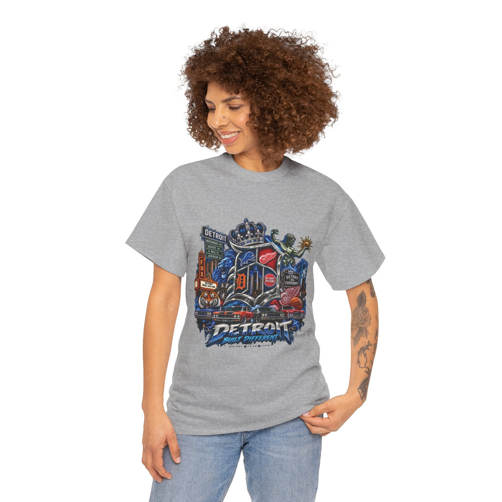 Detroit Skyline Collage T-Shirt | Motor City Landmarks, Vintage Neon Design