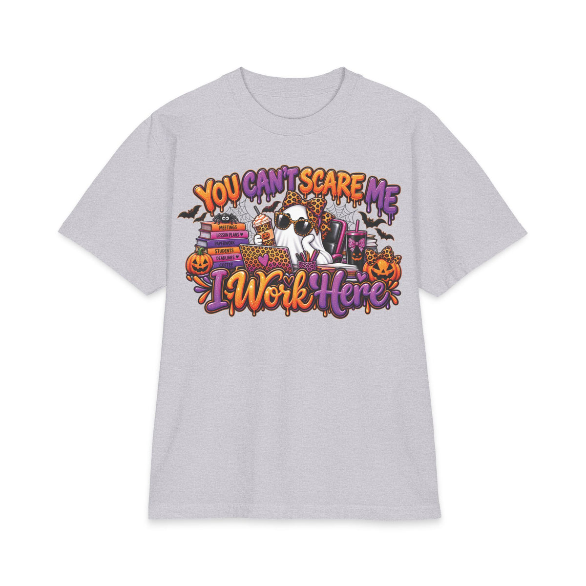 You Cant Scare Me I Work Here T-Shirt | Halloween Cow Pumpkin Graphic