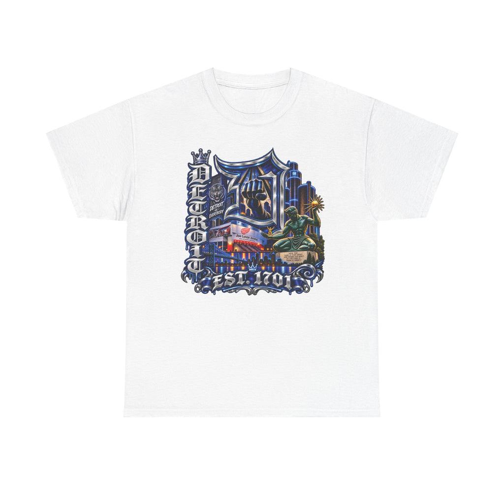 Detroit Skyline Graphic Tee | Motor City Vintage Script, Est. 1701