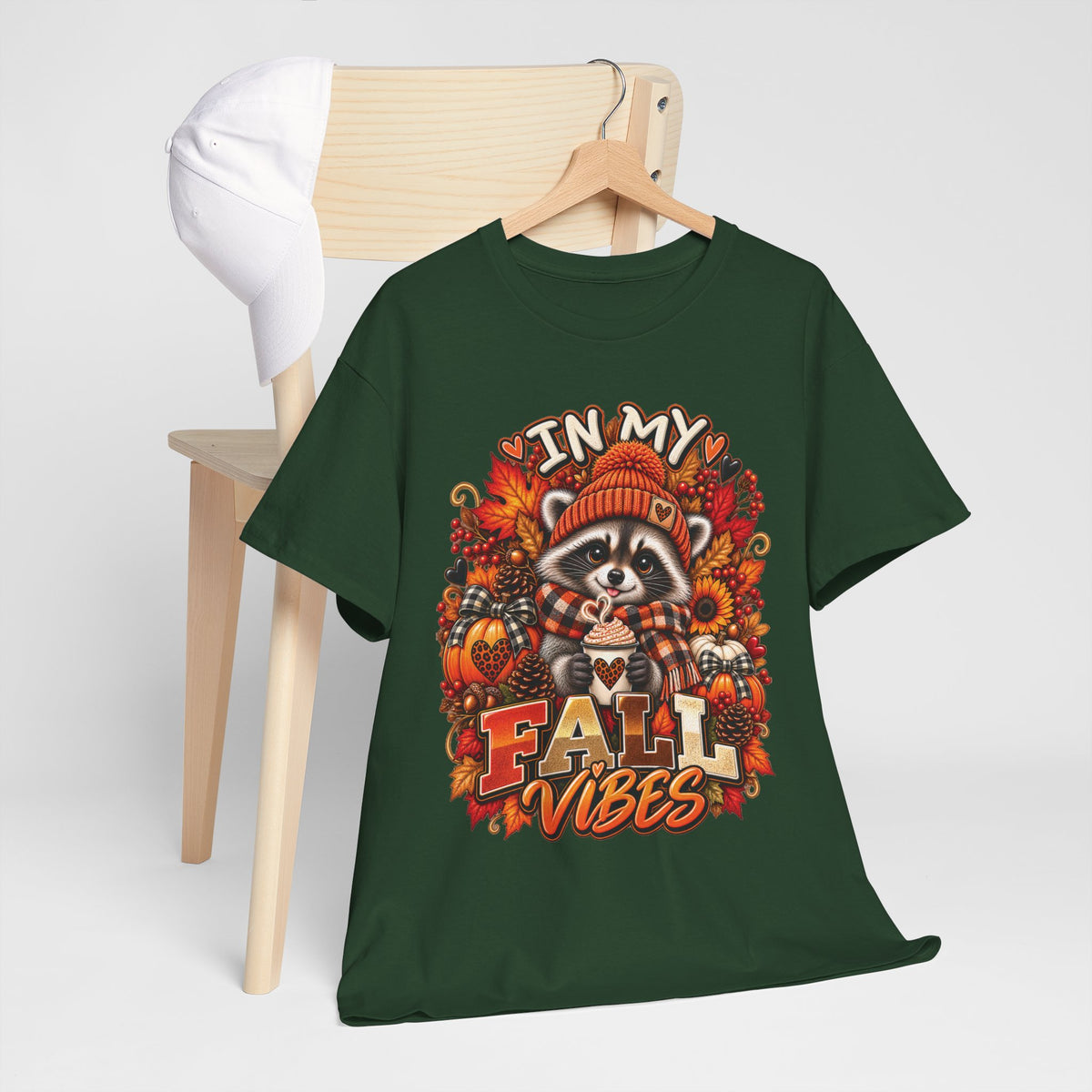Cozy Raccoon Fall Vibes T-Shirt | Autumn Pumpkin Leaves Tee