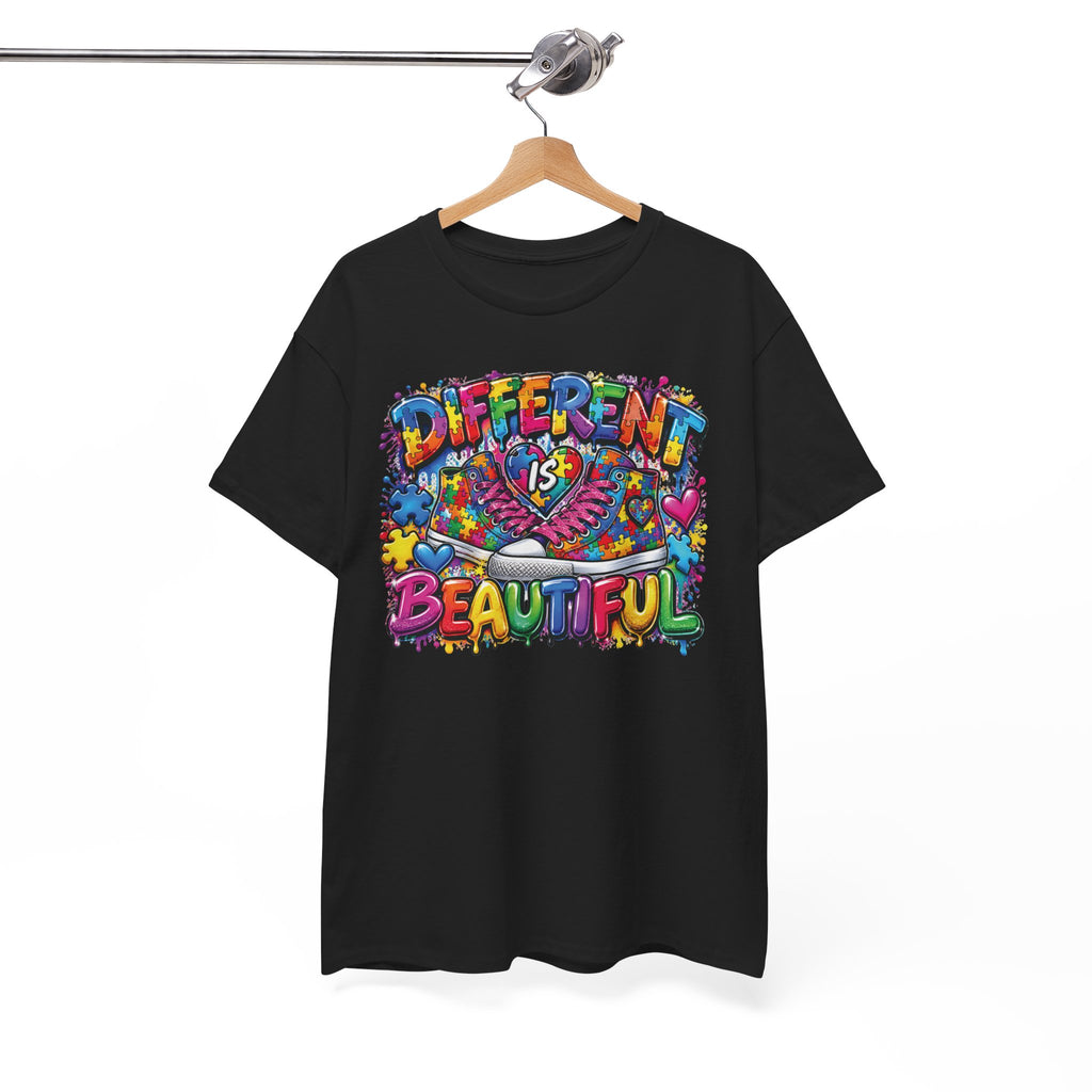 Different Is Beautiful T-Shirt | Colorful Rainbow Heart Typography