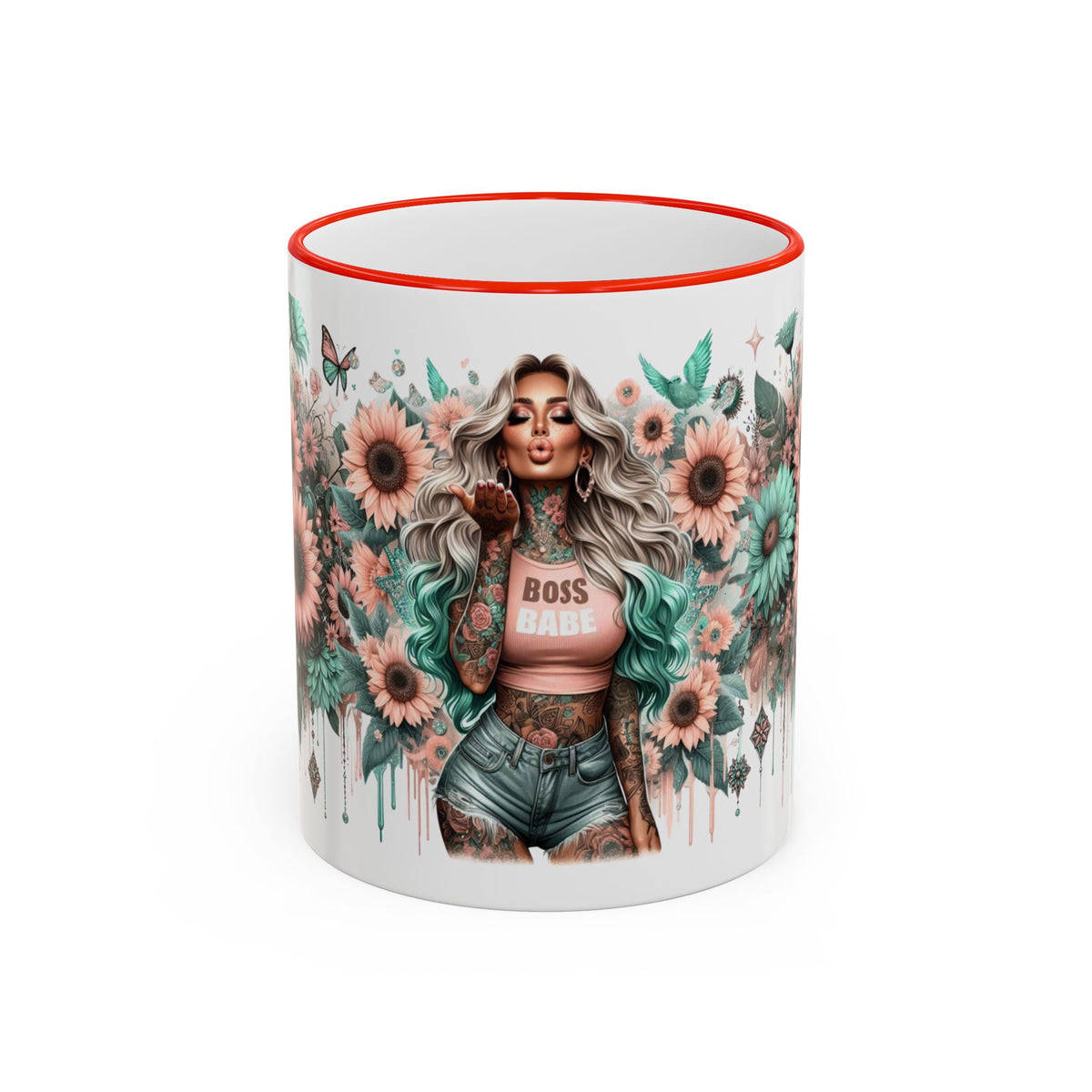 Boss Babe Floral Illustration Mug | Accent Rim & Handle Ceramic Coffee Cup
