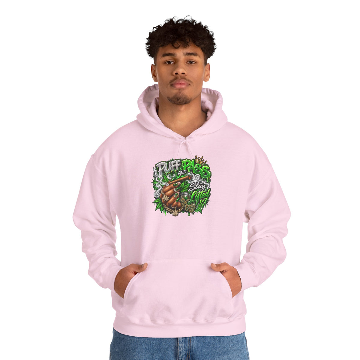 Puff Pass Stay Lifted Hoodie | Cannabis Leaf, Smoky Hand Illustration
