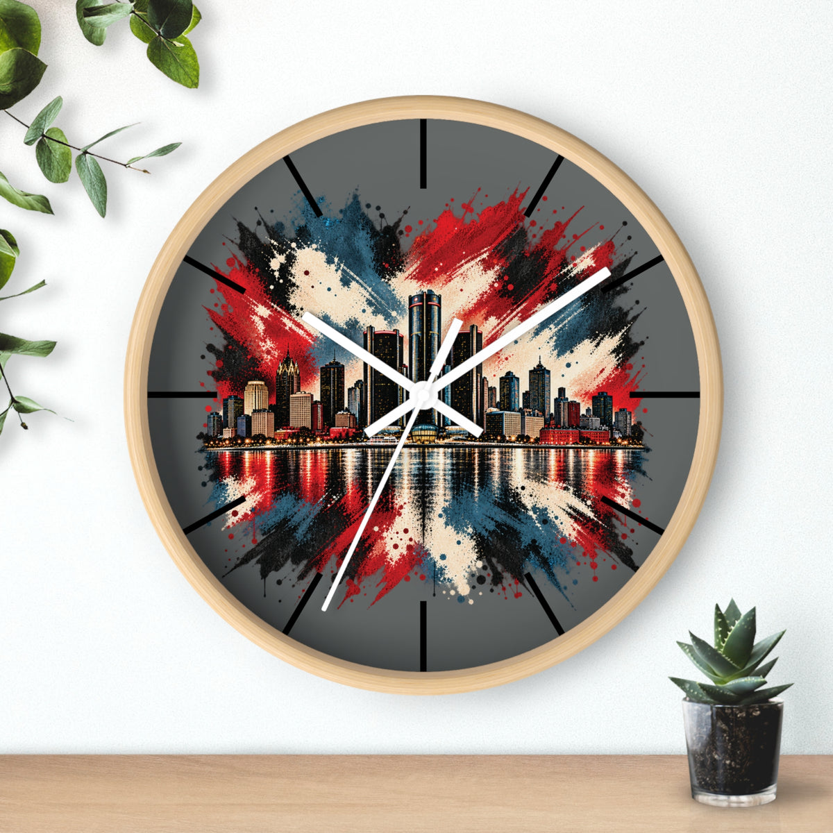 Urban Skyline Detroir Wall Clock – Red, White & Blue Cityscape Decor