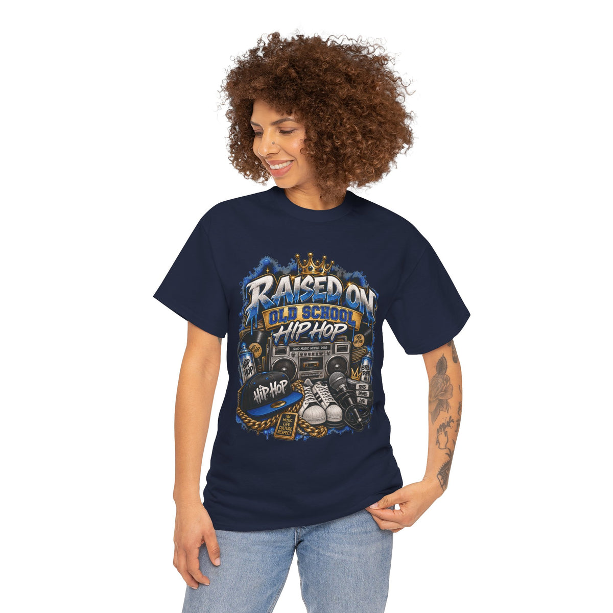 Raised On Old School Hip Hop T-Shirt | Retro Boombox Sneakers Crown Design