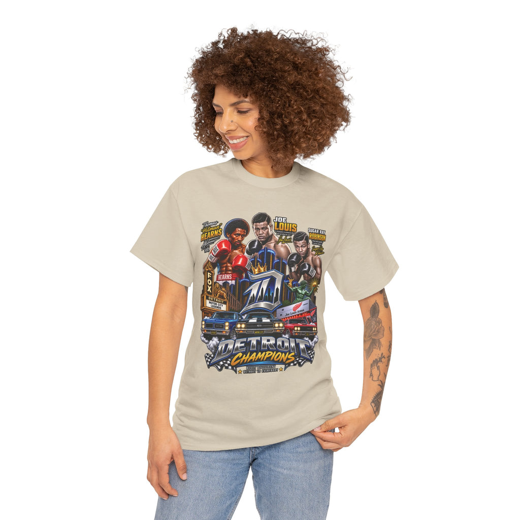 Detroit Champions T-Shirt | Motor City Boxing Legends, Classic Cars, City Skyline