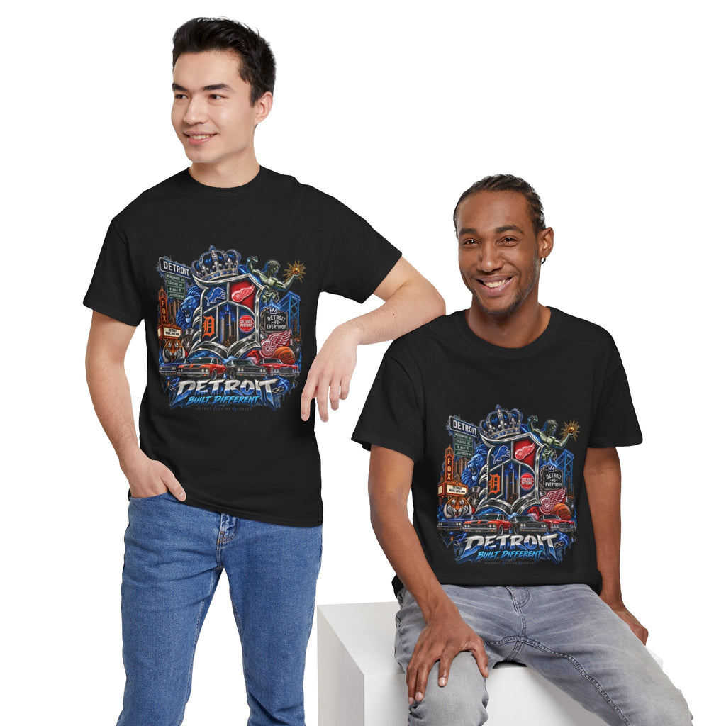 Detroit Skyline Collage T-Shirt | Motor City Landmarks, Vintage Neon Design