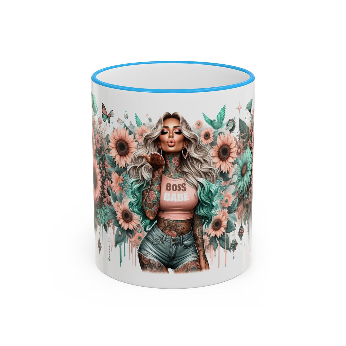 Boss Babe Floral Illustration Mug | Accent Rim & Handle Ceramic Coffee Cup