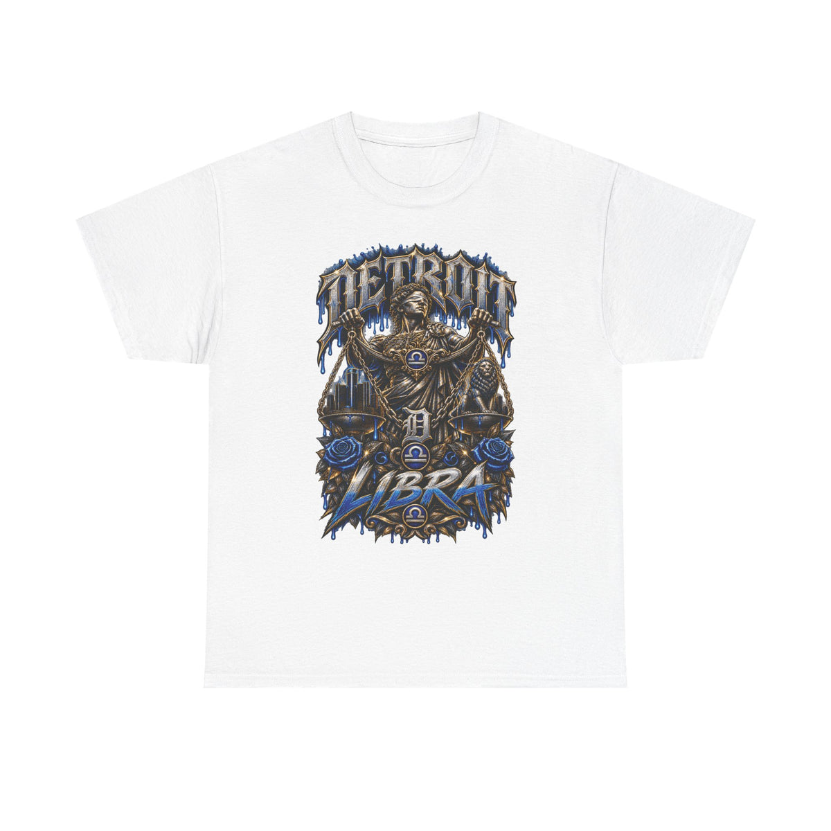 Detroit Libra T-Shirt | Skull Scales, Blue Roses, Zodiac Design
