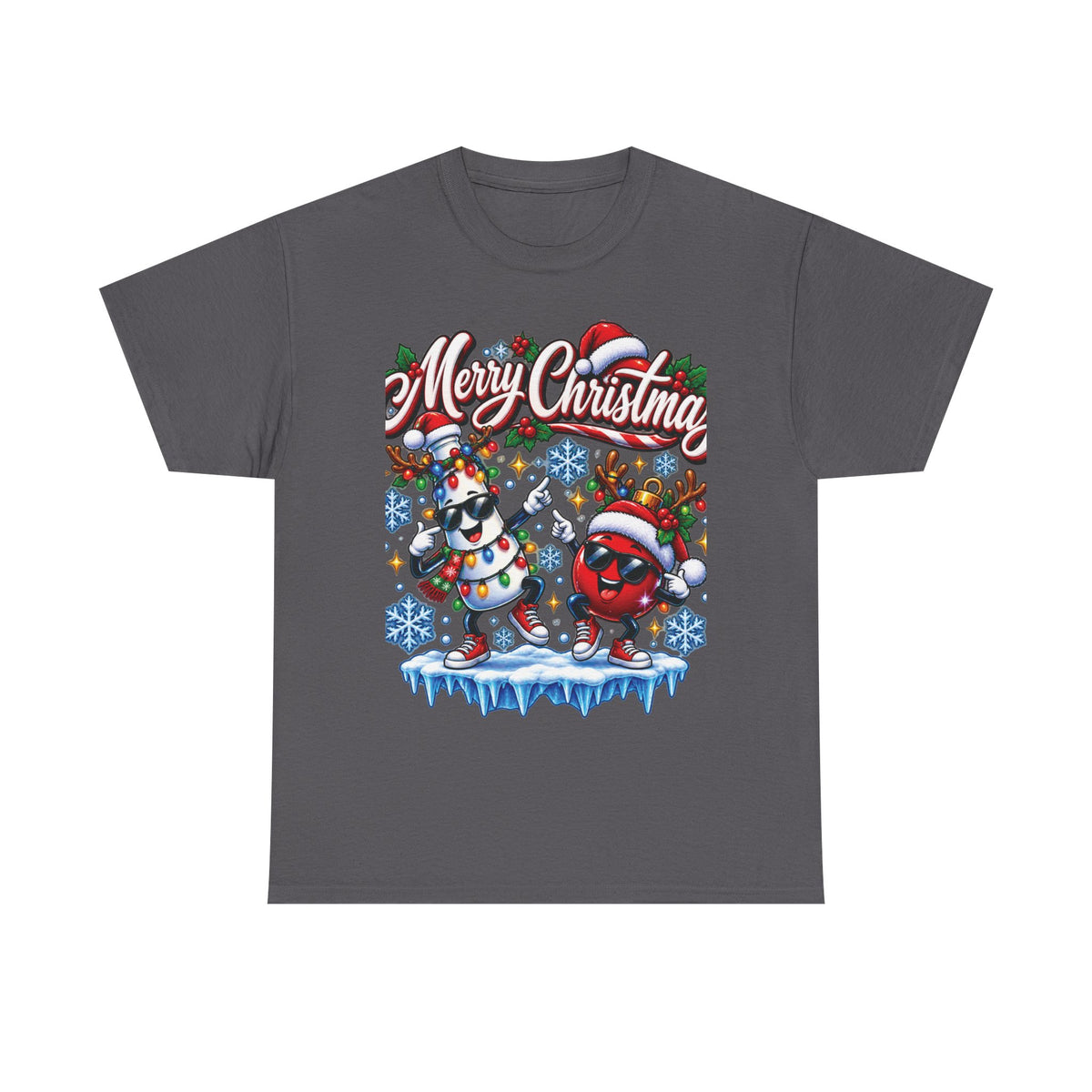 Merry Christmas Dancing Ornaments T-Shirt | Festive Snowflakes Holiday Tee