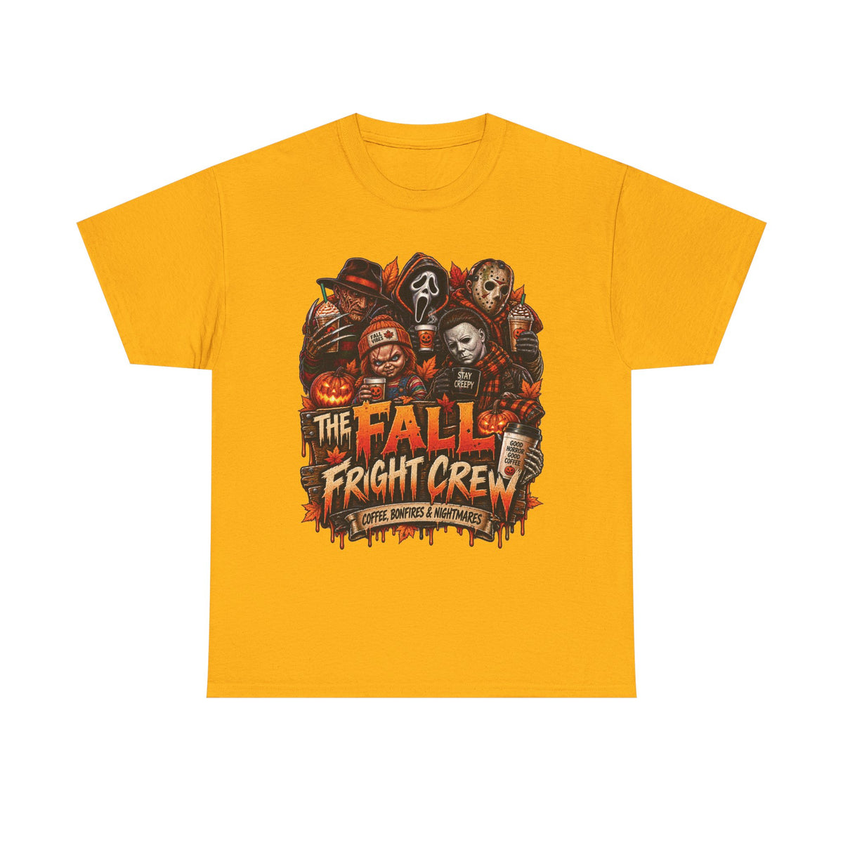 Fall Fright Crew Horror Characters Tee | Halloween Scary Movie Mask Design