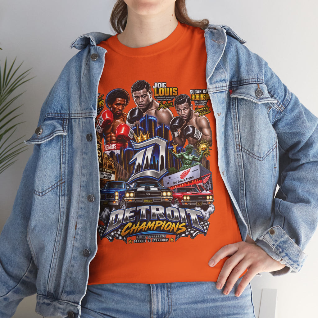 Detroit Champions T-Shirt | Motor City Boxing Legends, Classic Cars, City Skyline