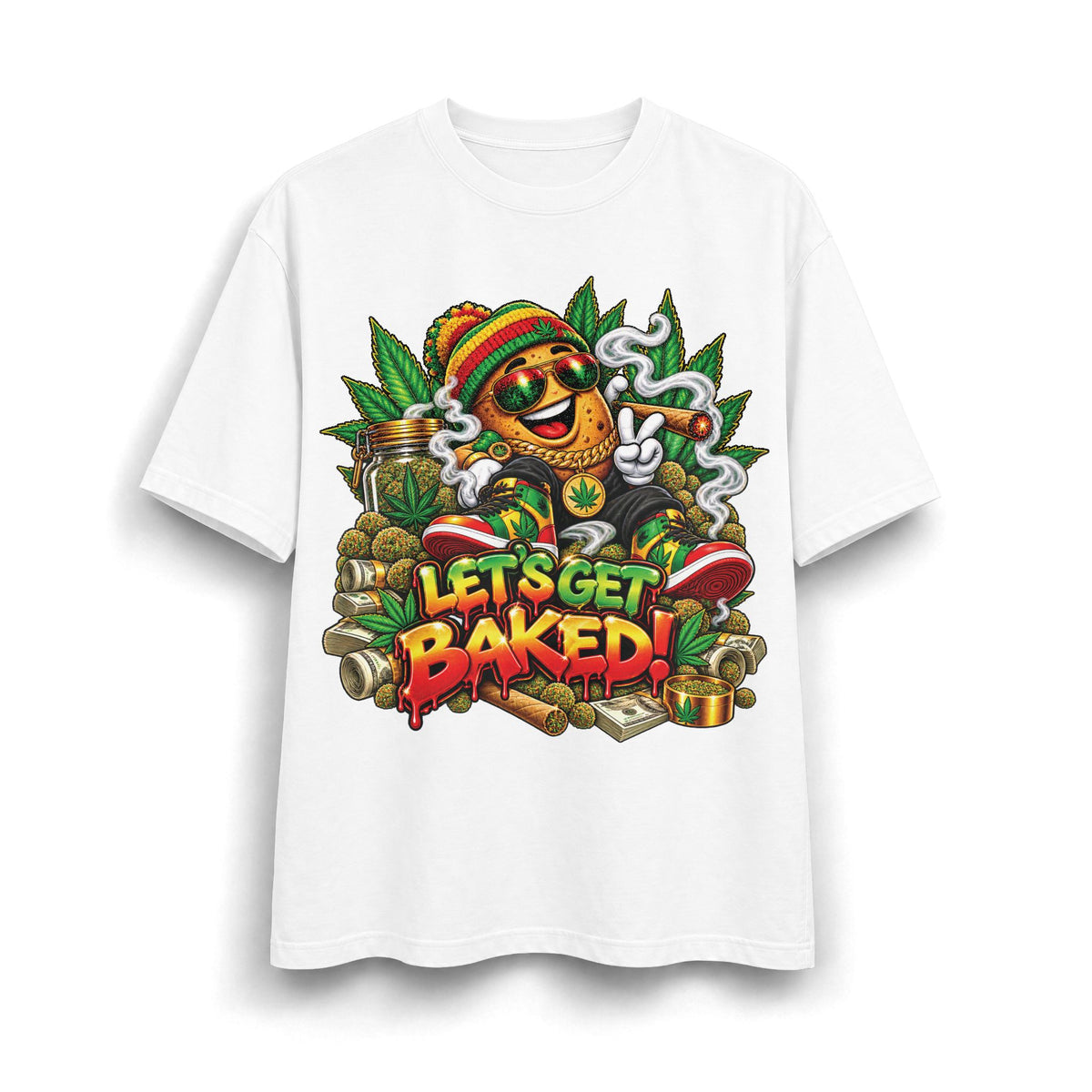 Detroit 420 Let's Get Baked marijuana leaf character T-Shirt | Rasta reggae cannabis design
