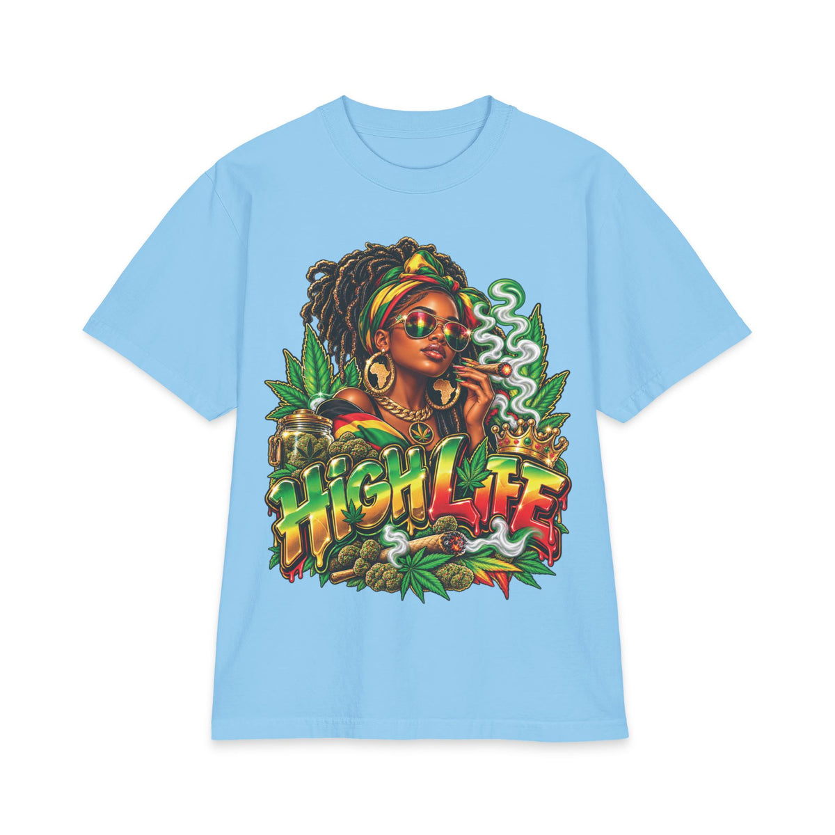 Detrpit 420 High Life Rasta Black Woman T-Shirt | Cannabis Reggae Vibes, Smoking Art