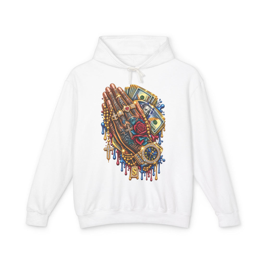 Praying Hands Collage Hoodie | Money, Watch & Roses Drip Design