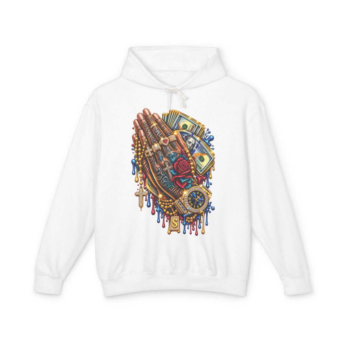 Praying Hands Collage Hoodie | Money, Watch & Roses Drip Design