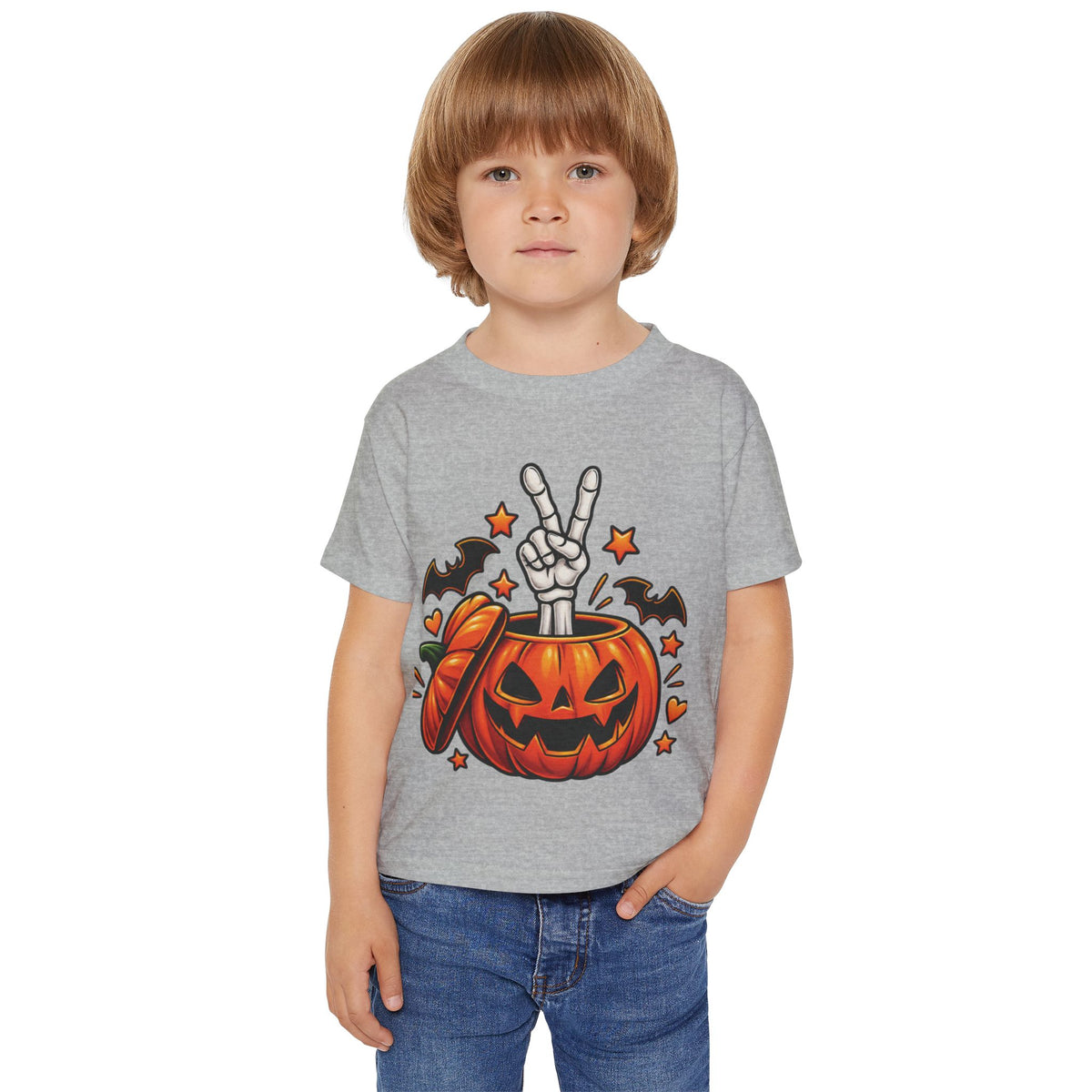 Peace Hand Skeleton in Jack-O'-Lantern Toddler T-shirt | Halloween Pumpkin Bats