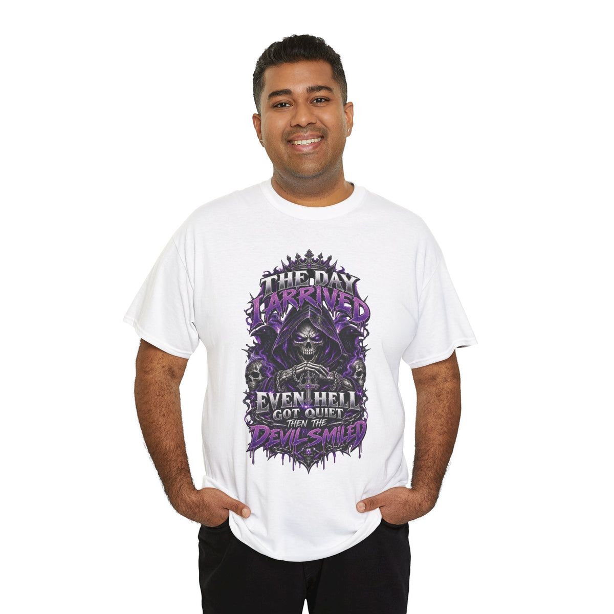 Grim Reaper Skull with Purple Flames T-Shirt | Gothic Death Quote Tee