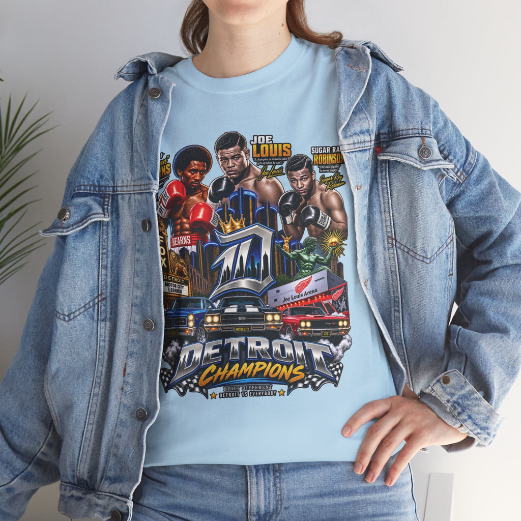 Detroit Champions T-Shirt | Motor City Boxing Legends, Classic Cars, City Skyline