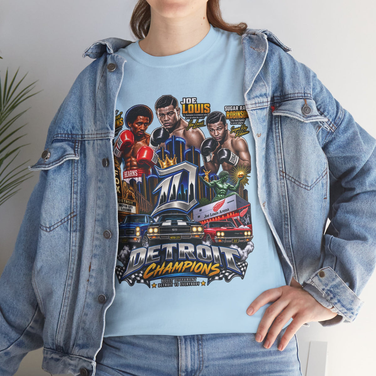 Detroit Champions T-Shirt | Motor City Boxing Legends, Classic Cars, City Skyline