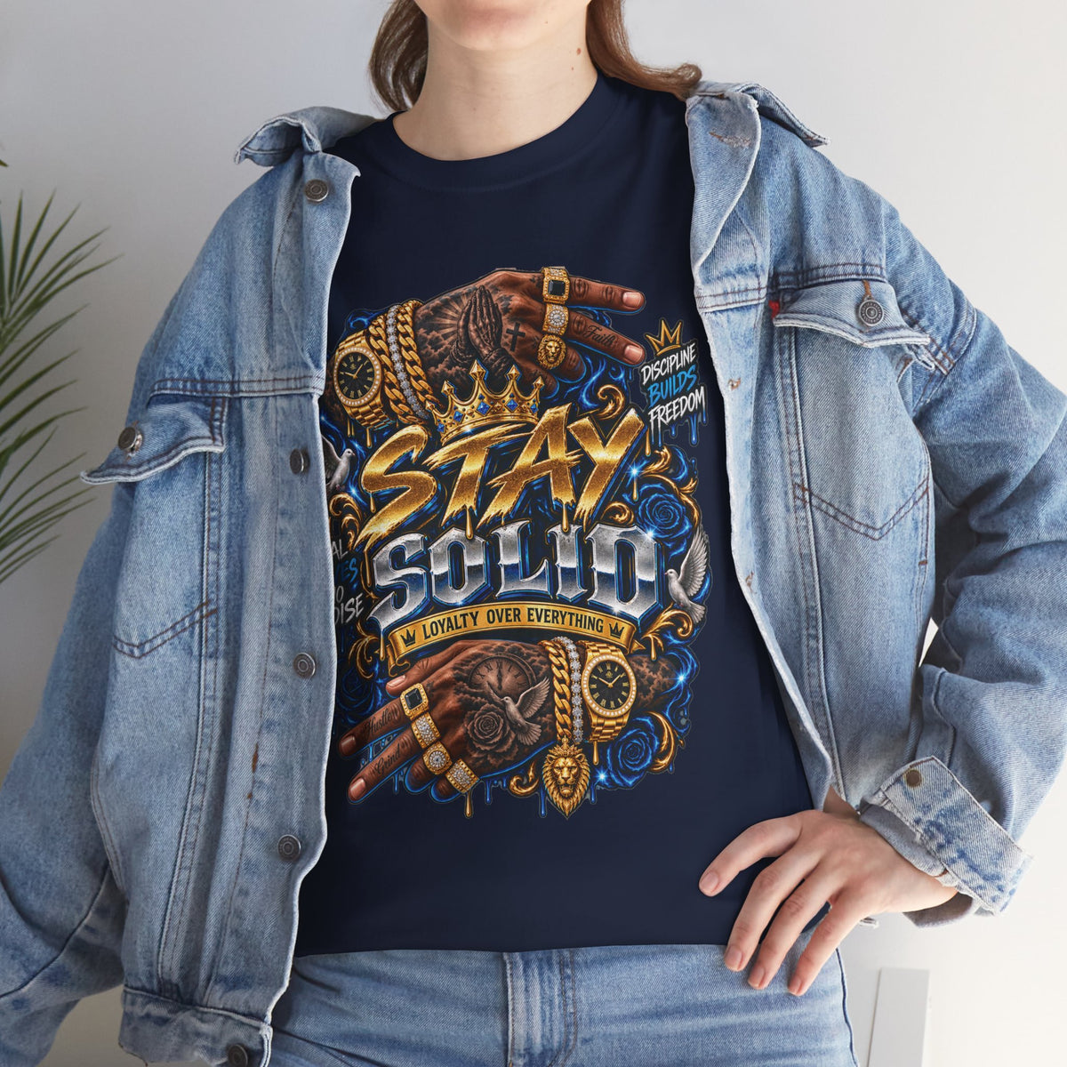 Stay Solid graphic tee | Urban street art typography, gold chain hands